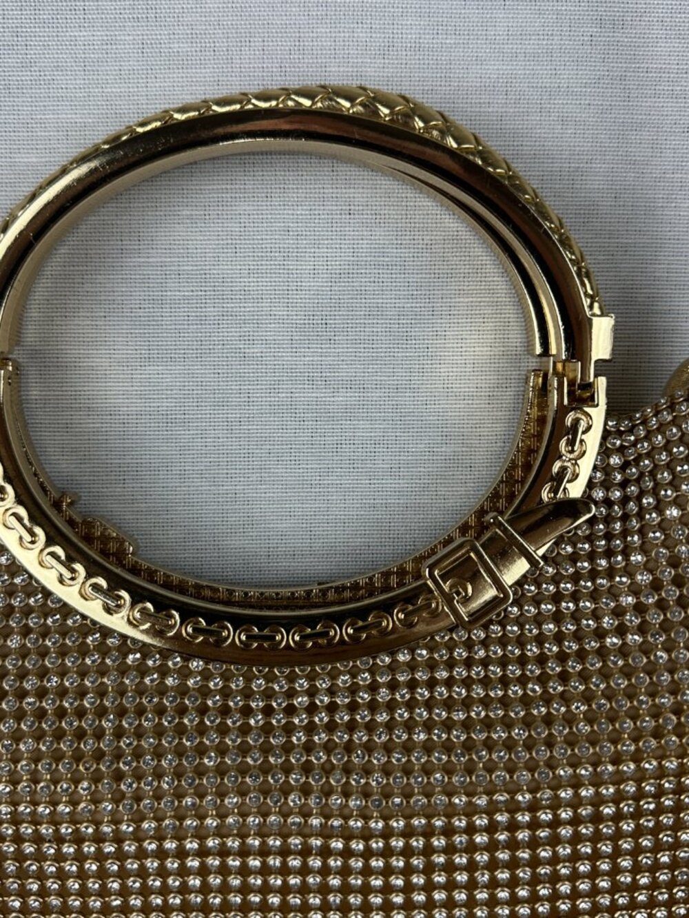 SPARKLY GOLD RHINESTONE EVENING CLUTCH PURSE METALIC O-RING TOP HANDLE - Picture 3 of 12
